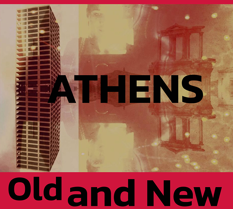 Faded yellow cityscape with buildings.Centered title in capital black letters: ATHENS. Top and bottom stripes in magenta announcing the Group Art Show dates and info