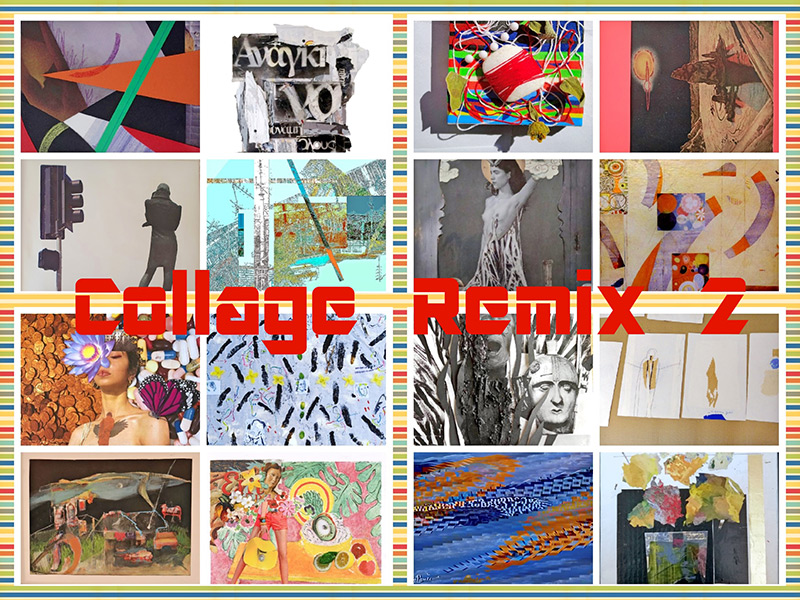 Collage samples in 16 squares. Collage Remix 2 Art show in red letters written across
