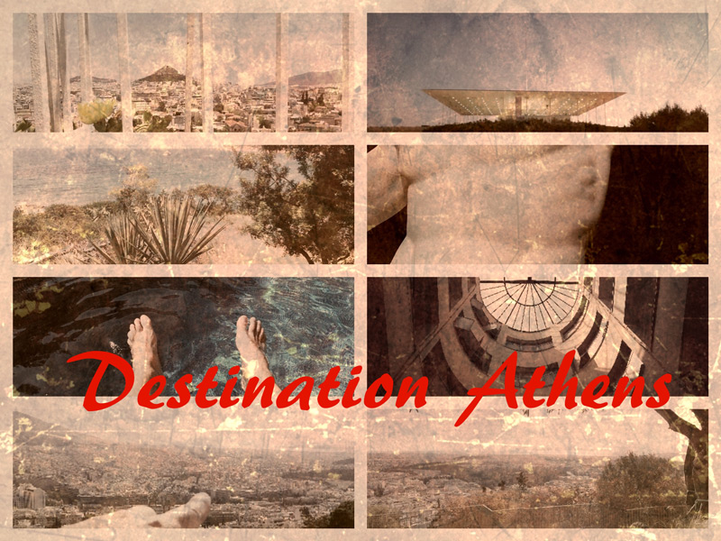 Eight sepia rectangular photos of Athenian and person themes. Destination Athens in red is inscribed across