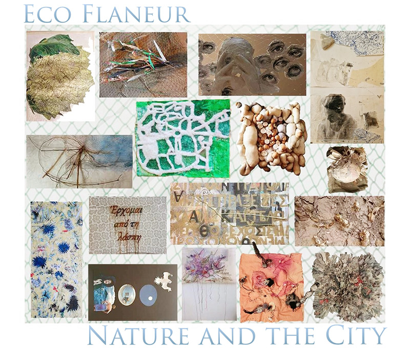 Multiple rectangular photos of geological, nature inspired themes; graffiti; objets trouvés. White border: Top: Eco Flaneur (in blue). Bottom: Nature and the City (in blue)