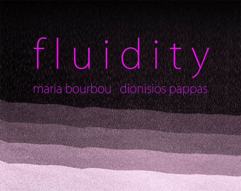 Purple wavy abstract design with letters across: Fluidity. Show in Fokianou Art Space by Maria Bourbou and Dionisios Pappas