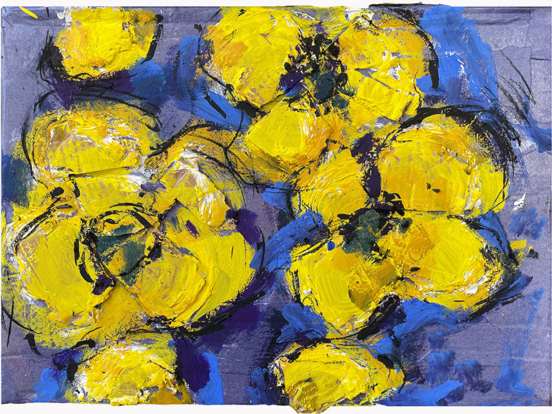 Impressionistic flowers in thick yellow paint. Group Art Show